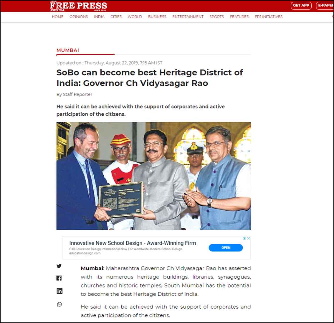 SoBo can became best Heritage District of India: Goveror Ch Vidyasagar Rao, Freepress Journal - August 2019